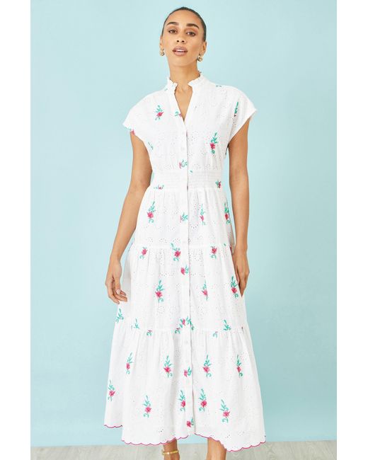 Yumi' Blue Cotton Broderie Anglaise Embroidered Midi Dress