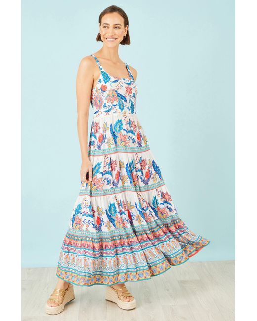 Yumi' White Boho Block Print Tiered Maxi Dress