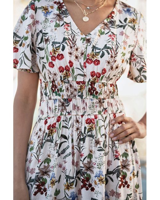 Yumi' White Botanical Print Viscose Midi Dress