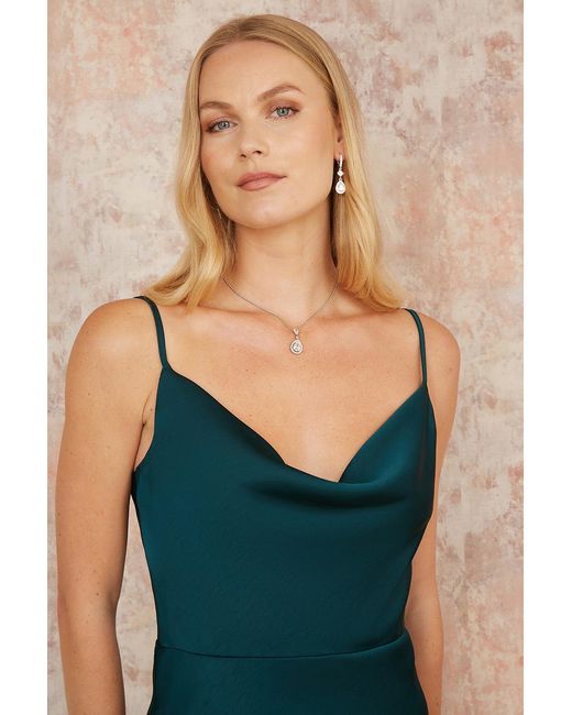 Yumi' Blue Satin Cowl Neck Midi Slip Dress