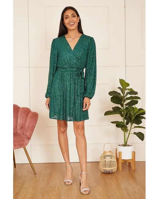 Mela Green Sequin Belted Wrap Long Sleeve Dress