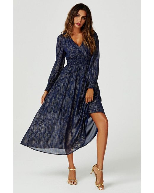 FS Collection Blue Stripe Foil Long Sleeve Maxi Dress