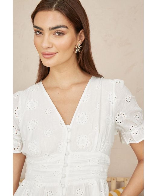 Yumi' Natural Cotton Broderie Anglaise Midi Button Up Dress