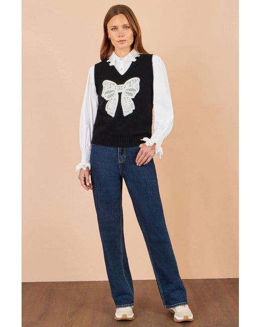Yumi' Black Lace Bow Knitted Pullover