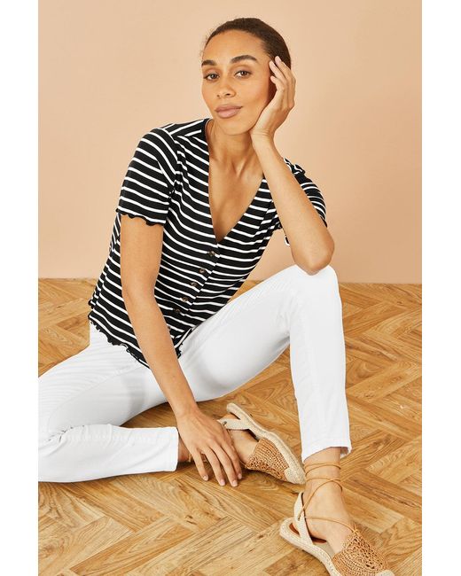 Yumi' Black Striped Cotton Jersey Lettuce Trim T-Shirt