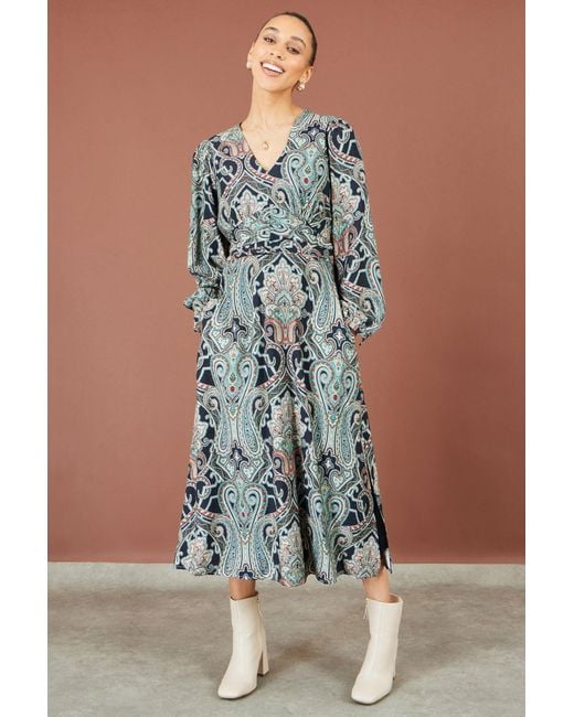 Yumi' Blue Paisley Print Midi Dress