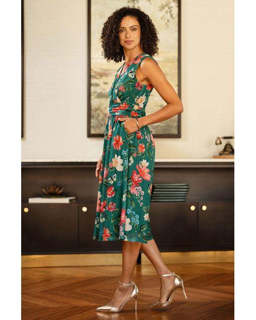 Yumi' Green Blurred Floral Print Mesh Stretch Midi Dress With Pockets