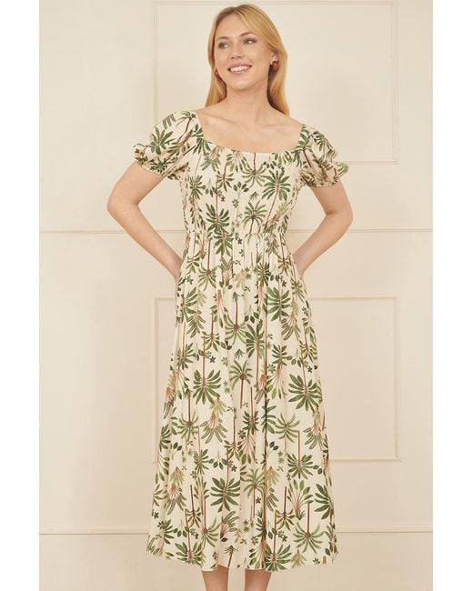 Yumi' Natural Cotton Palm Print Ruched Midi Dress
