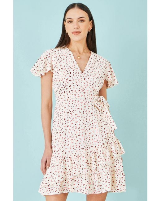 Yumi' White Ditsy Print Frill Wrap Dress