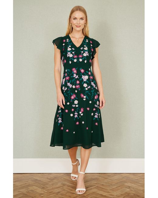 Yumi' Green All Over Floral Embroidery Midi Skater Dress