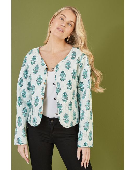 Yumi' Green Floral Print Reversible Cotton Cropped Quilted Jacket