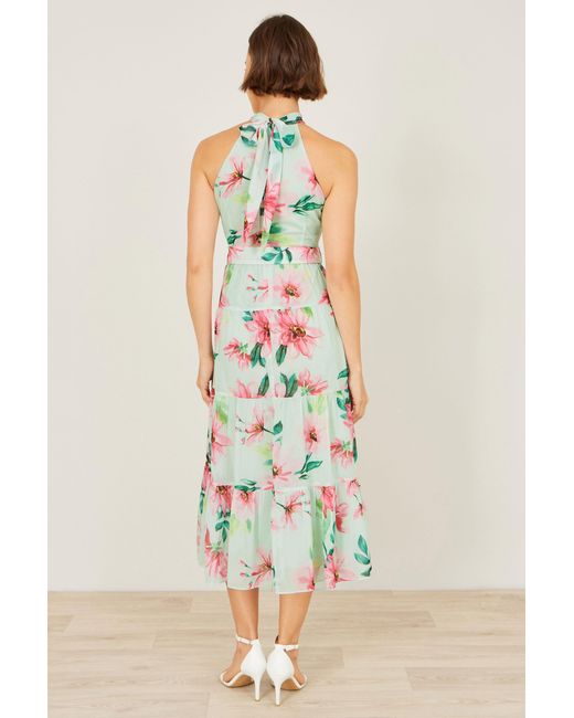 Yumi' White Mint Floral Halter Neck Midi Dress With Matching Belt