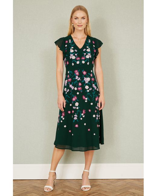 Yumi' Green All Over Floral Embroidery Midi Skater Dress