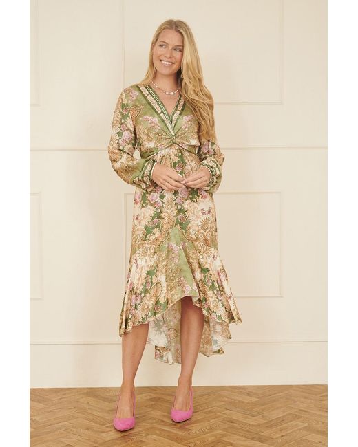 Yumi' Natural Viscose Scarf Print Tie Front Midi Dress With Dip Hem