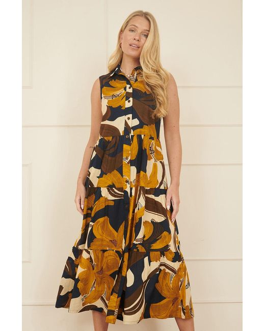 Yumi' Blue Cotton Leaf Midi Sleeveless Shirt Dress