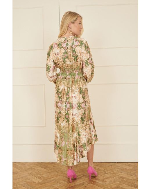 Yumi' Natural Viscose Scarf Print Tie Front Midi Dress With Dip Hem