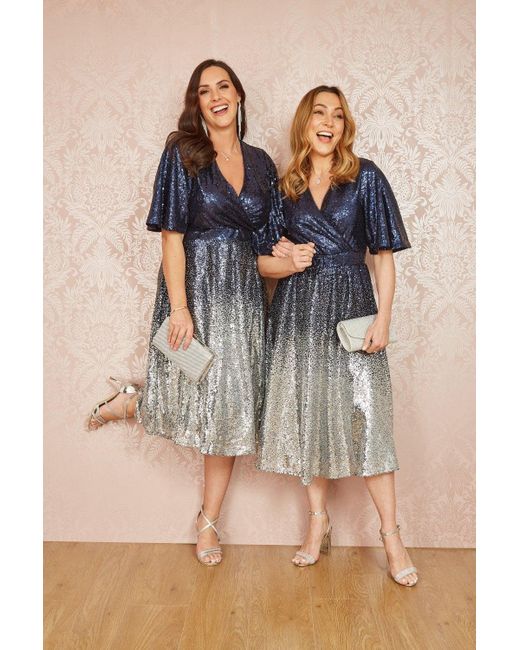 Yumi' Blue And Ombre Sequin Midi Wrap Dress