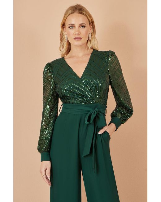 Yumi' Green Sequin Wrap Over Jumpsuit