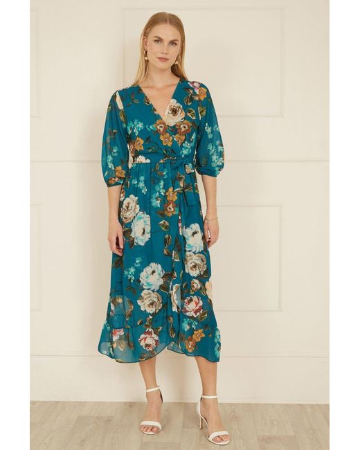 Yumi' Blue Watercolour Dip Hem Midi Wrap Dress