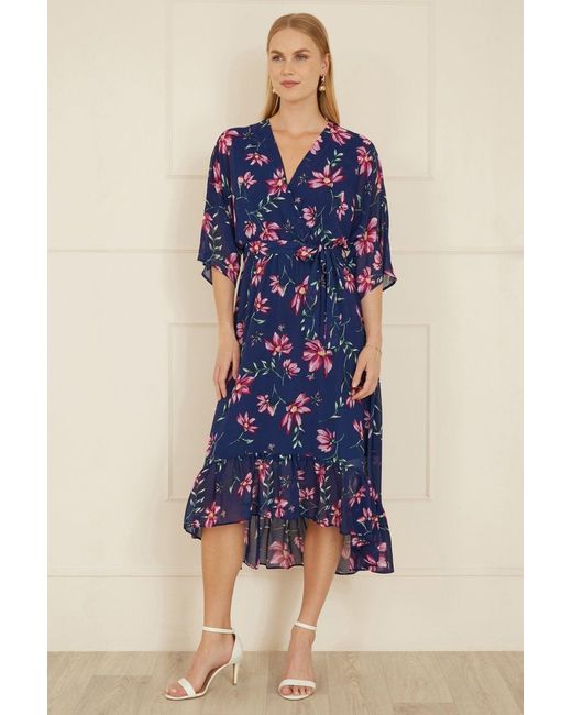Yumi' Blue Floral Kimono Dipped Hem Dress