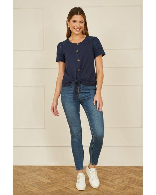 Yumi' Blue Jersey Button Detail T-Shirt With Broderie Anglaise Sleeves And Tie Front