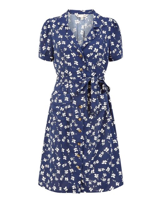 Yumi' Blue Daisy Print Retro Shirt Dress