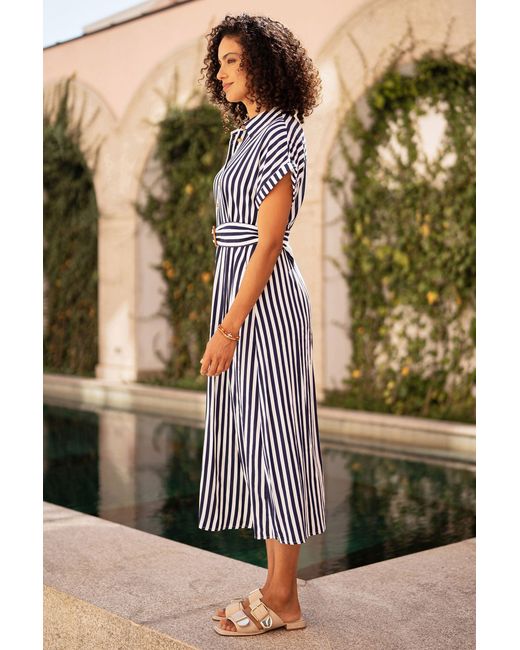 Yumi' Black Stripe Print Relaxed Midi Shirt Dress With Belt