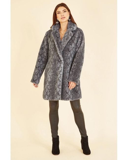 Yumi' Gray Snakeskin Print Faux Fur Coat