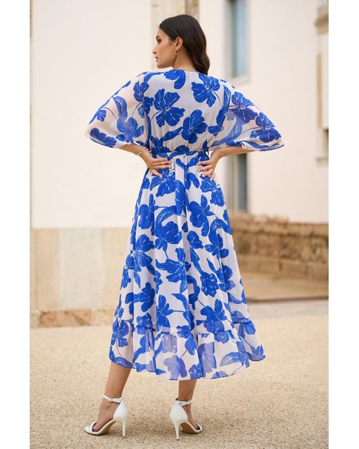 Yumi' Blue Kimono Sleeves Midi Dip Hem Wrap Midi Dress