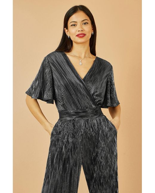 Yumi' Blue Metallic Pleated Jumpsuit With V Neck