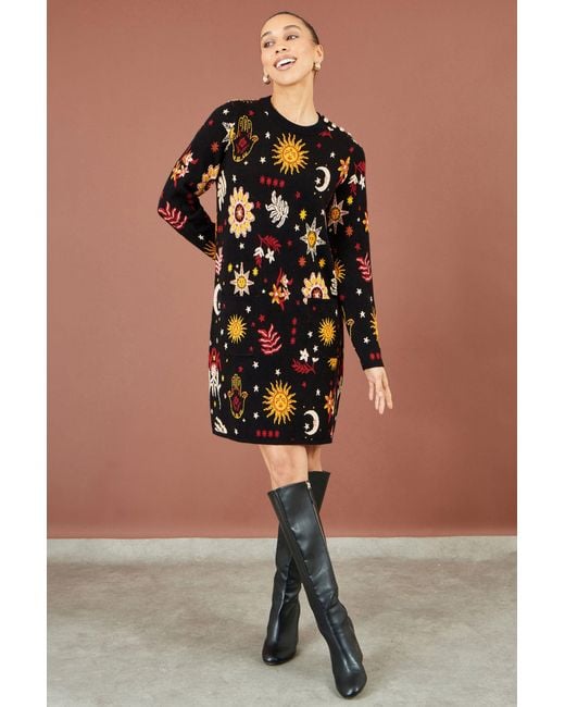 Yumi' Black Cosmic Intarsia Knitted Tunic Dress
