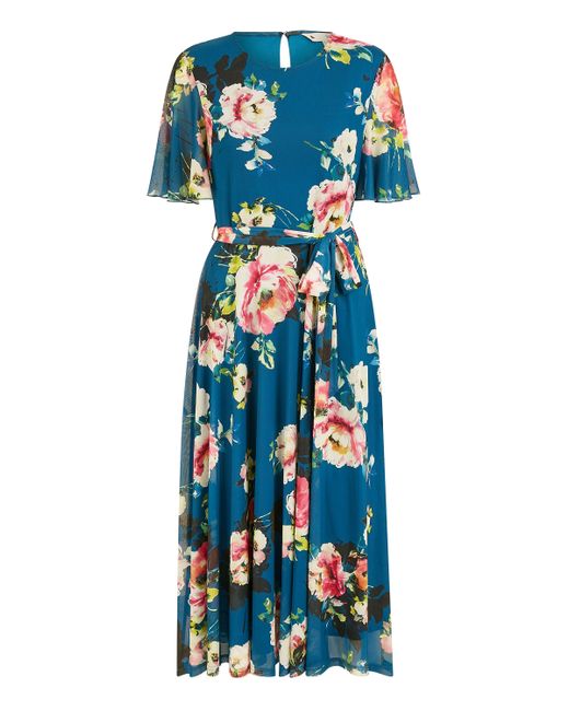 Yumi' Blue Mesh Floral Midi Dress With Angel Sleeves