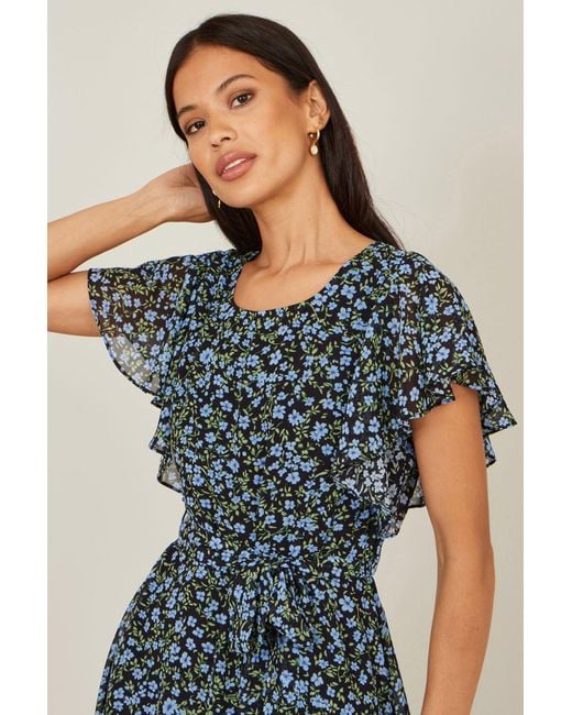 Yumi' Blue Ditsy Print Floral Skater Dress
