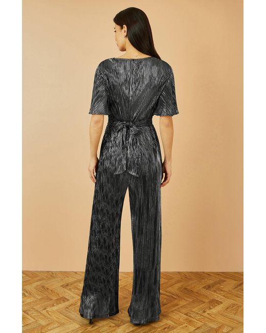 Yumi' Blue Metallic Pleated Jumpsuit With V Neck