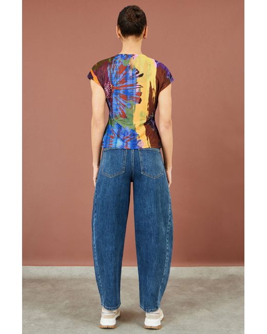 Yumi' Red Multicolour Floral Mesh Top