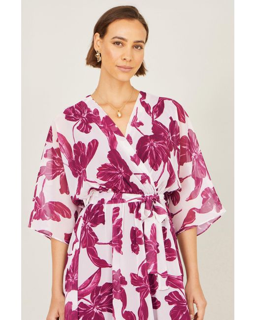 Yumi' Pink Kimono Sleeves Midi Dip Hem Wrap Midi Dress