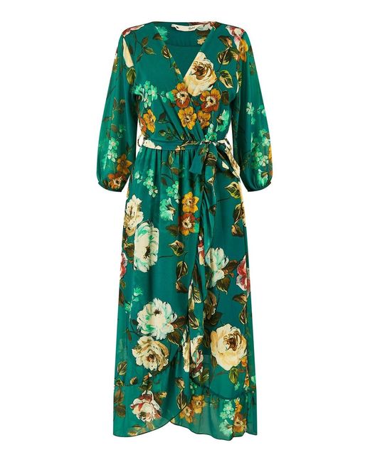 Yumi' Blue Watercolour Dip Hem Midi Wrap Dress
