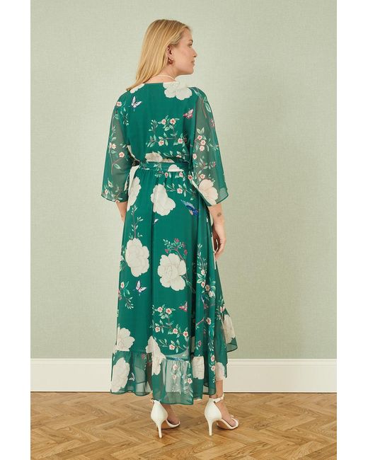 Yumi' Green Bird And Floral Print Midi Wrap Dress