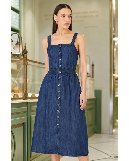 Yumi' Blue Chambray Cotton Ruched Midi Sun Dress