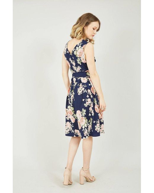 Mela Blue Rose Printed Wrap Over Sleeveless Skater Dress