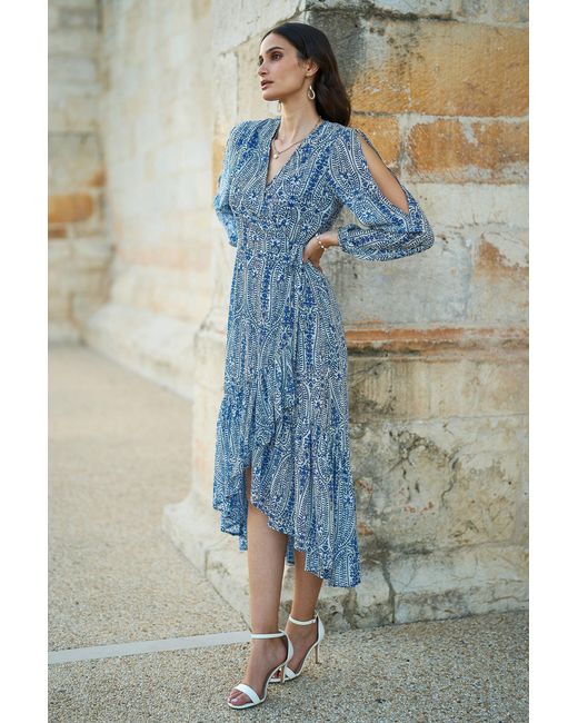 Yumi' Blue Paisley Dipped Hemline Midi Dress With Open Long Sleeves