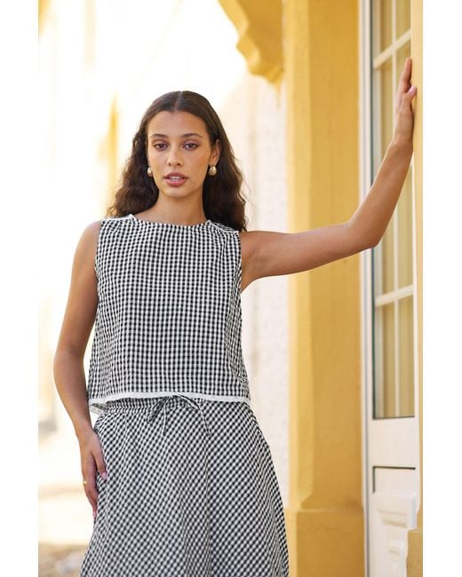 Yumi' Blue Gingham Cotton Top With Lace Trims