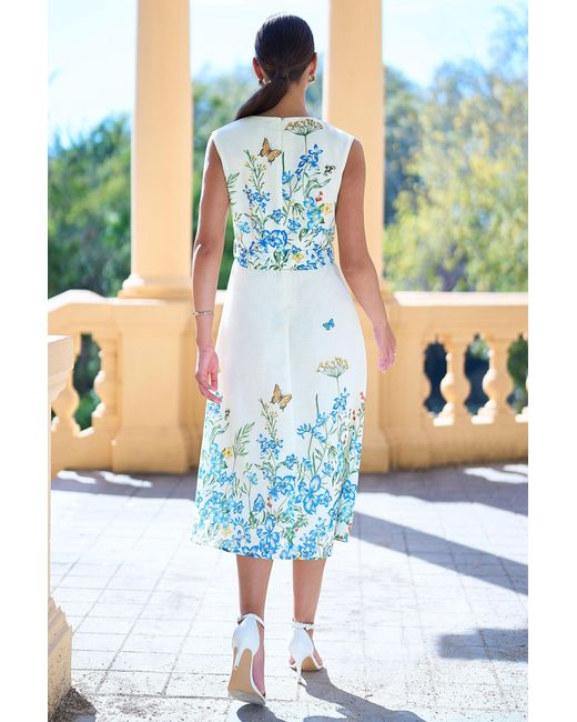Yumi' Blue Butterfly Print Midi Wrap Dress