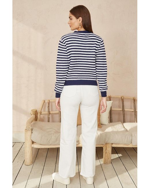 Yumi' Blue Stripe Knit Relaxed Fit Cardigan