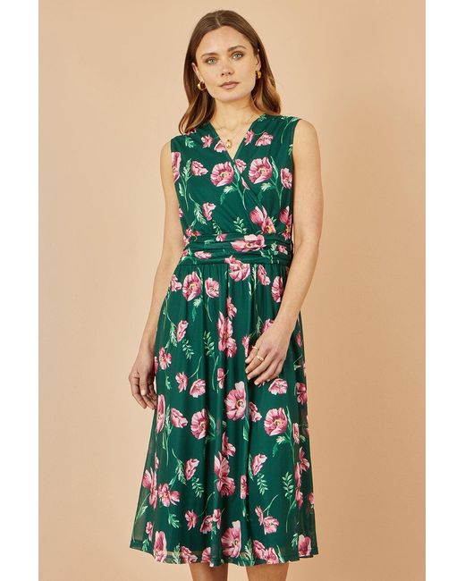 Yumi' Blue Floral Print Mesh Stretch Midi Dress With Pockets