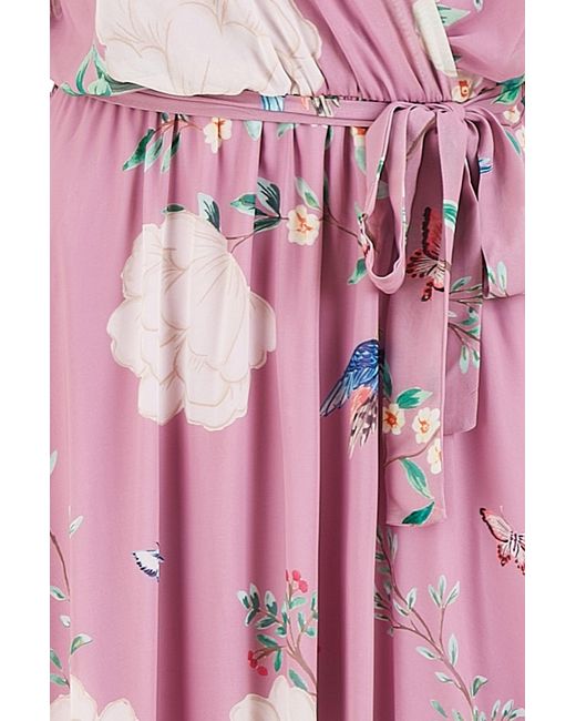 Yumi' Pink Bird And Floral Print Midi Wrap Dress