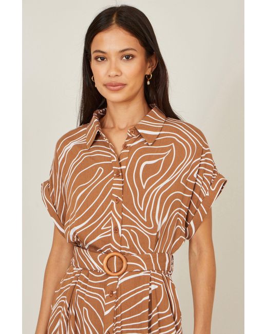 Yumi' Brown Abstract Swirl Print Relaxed Midi Shirt Dress With Belt