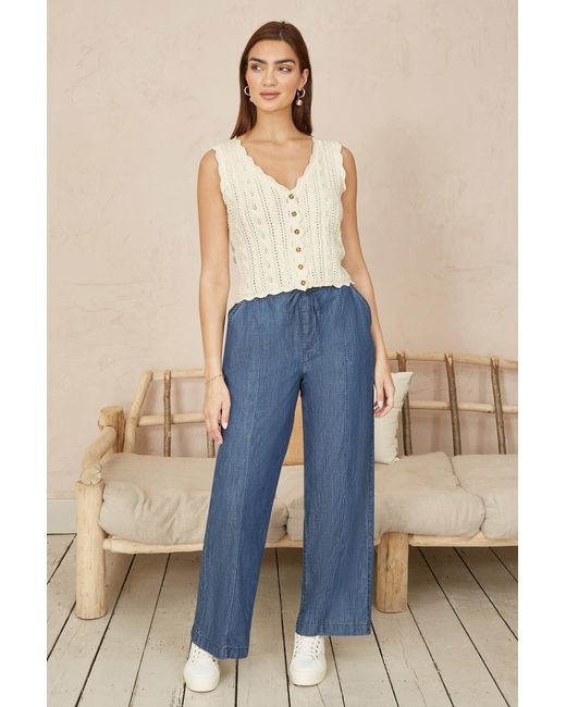 Yumi' Natural V Neck Button Down Crochet Knitted Top