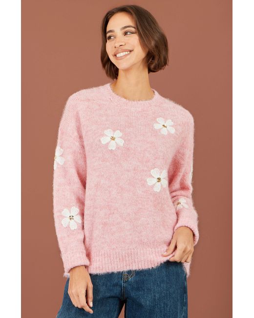 Yumi' Pink Relaxed Jumper With Crochet Flowers