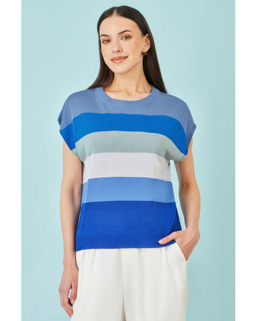 Yumi' Blue Block Stripe Relaxed Knitted Top